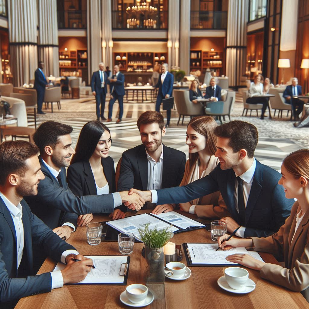 Members of two negotiating parties in a hotel lobby representing Lease versus management contract