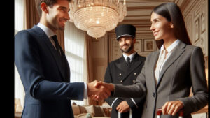 Lease versus Management Contract discussion between business professionals shaking hands in an elegant room with a chandelier and a waiter in the background.