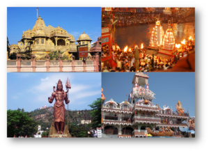 Temples of Haridwar - Collage of four photos: a grand temple, an evening ritual by a river with candles, a large deity statue, and a temple with domes and flags.