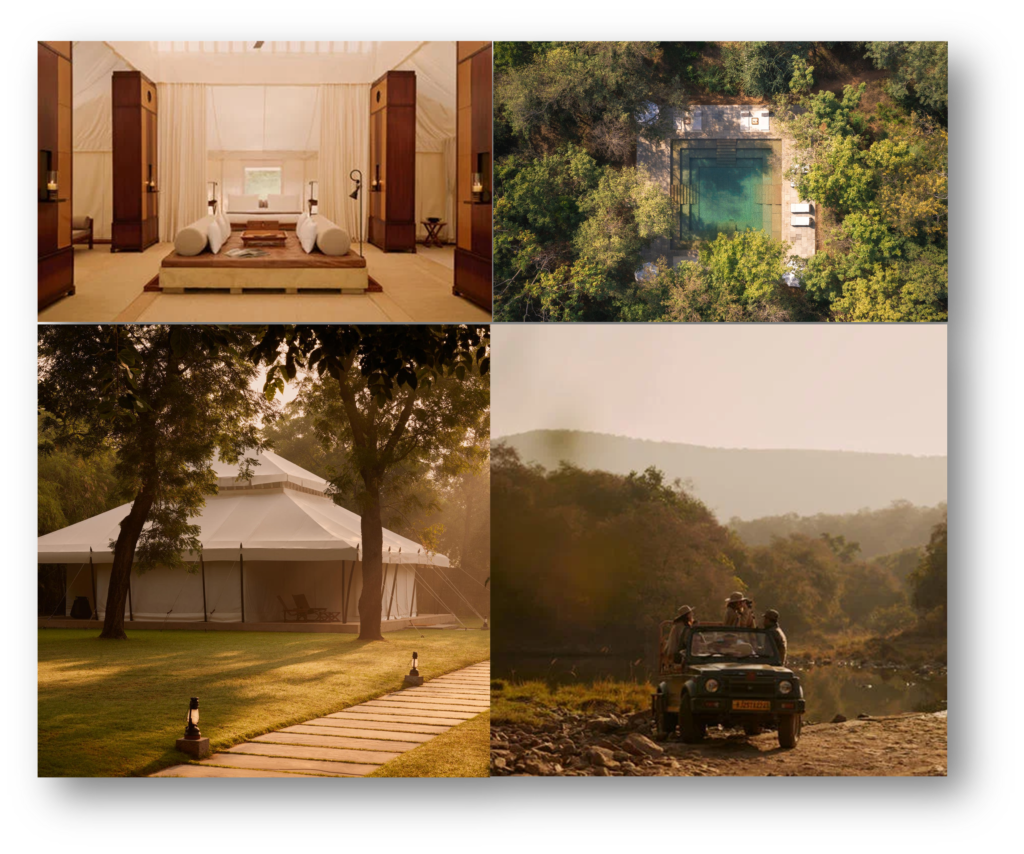 Collage of Aman-i-Khás, a luxury hotel in India, featuring tented suites, a forest pool, serene landscapes, and wildlife safari.