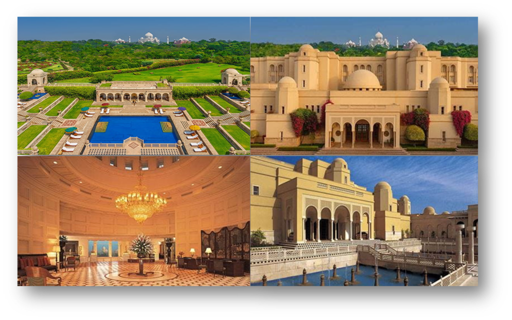 Oberoi Amarvilas, one of the top luxury hotels in India, with stunning views of the Taj Mahal, lush gardens, a pool, and grand architecture.