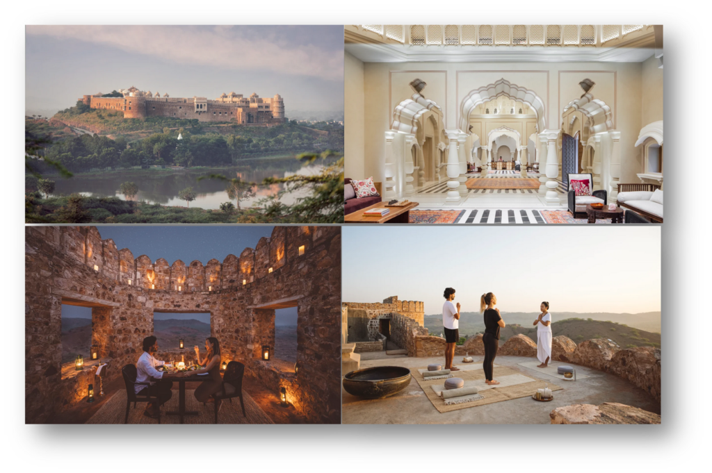 Collage of Six Senses Fort Barwara, a luxury hotel in India, featuring a historic fort, arched interiors, candlelit dining, and outdoor yoga with scenic views.