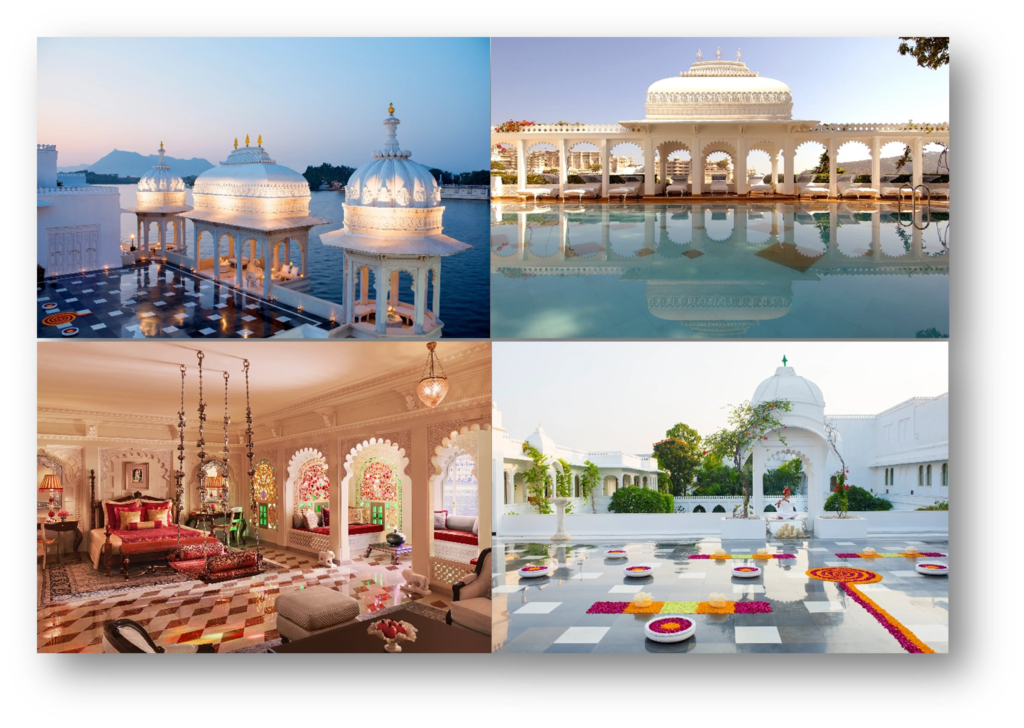 Collage of Taj Lake Palace Udaipur, a luxury hotel in India, featuring lakeside domes, a serene pool, a royal suite with traditional decor, and a courtyard with floral patterns.