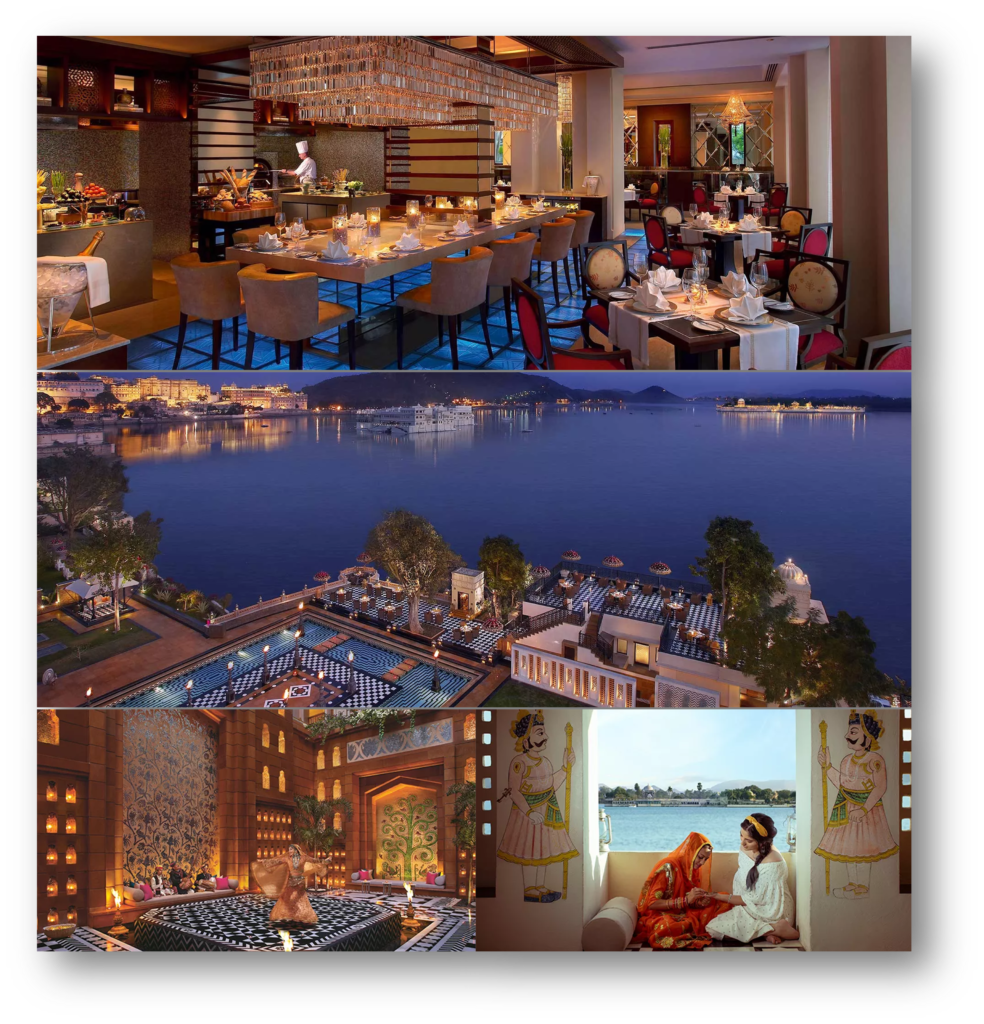 Collage of The Leela Palace Udaipur, a luxury hotel in India, showcasing fine dining, serene lake views, cultural performances, and royal decor.