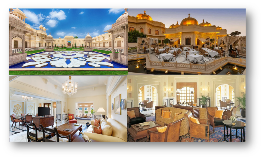 Collage of Oberoi Udaivilas, a top luxury hotel in India, featuring its grand courtyard, outdoor dining area with golden domes, royal suite with elegant decor, and opulent lounge showcasing heritage-style interiors.